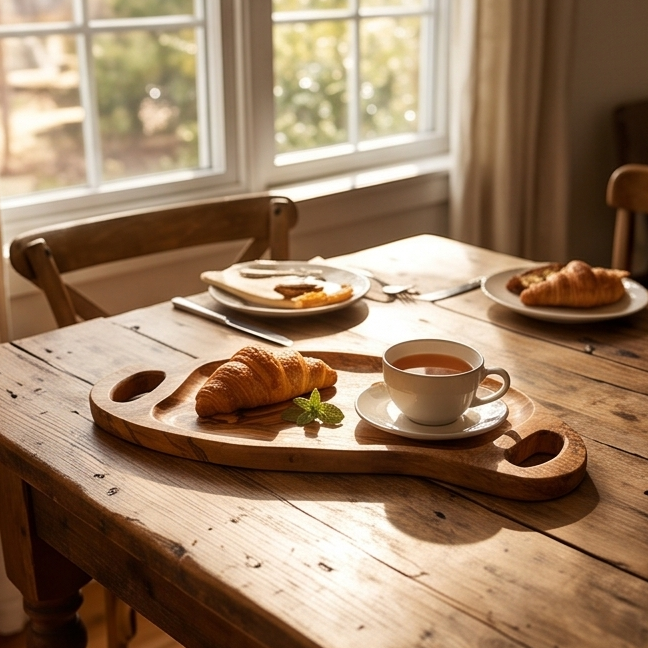 Olive Wood Irregular Shape Handcrafted Wooden Breakfast Serving Tray W/ Handles