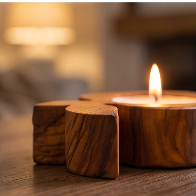Olive Wood Apple Shaped Candle Holder