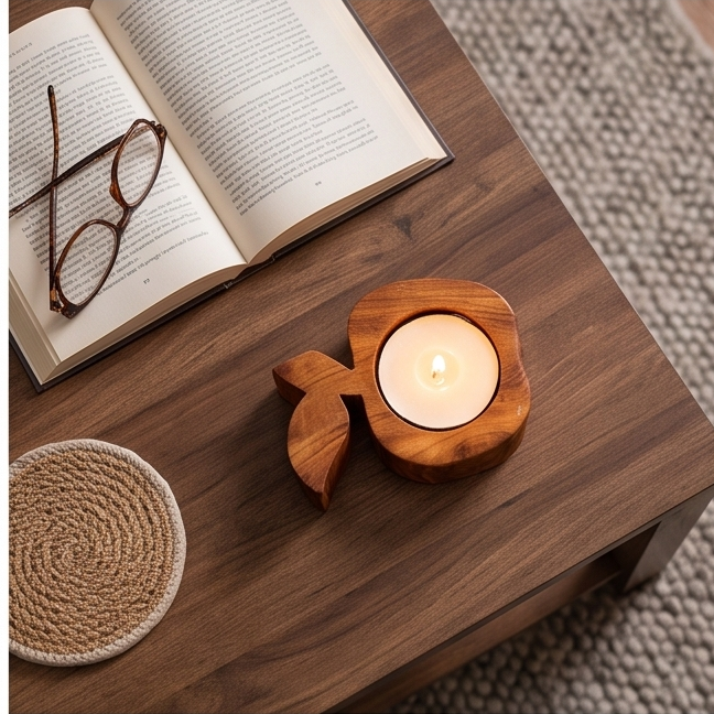 Olive Wood Apple Shaped Candle Holder