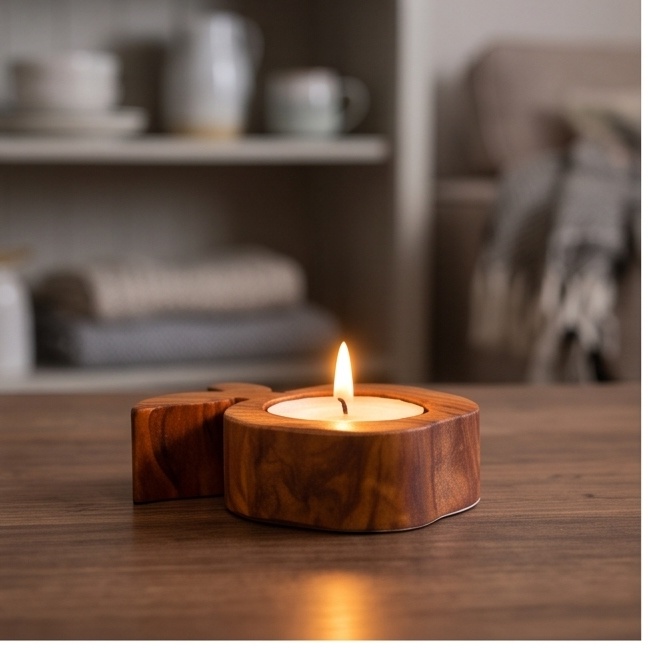 Olive Wood Apple Shaped Candle Holder