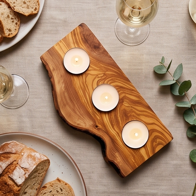 Olive Wood Flat Wooden Tealight Candle Holder | Various Sizes