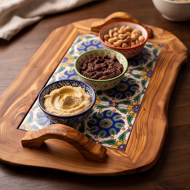 Rustic Olive Wood Ceramic Tray with Handle, serving tray, natural, handmade, gift