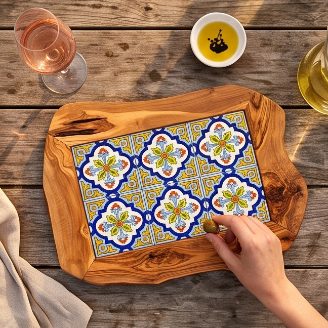 Rustic Olive Wood Ceramic Tray with Handle, serving tray, natural, handmade, gift