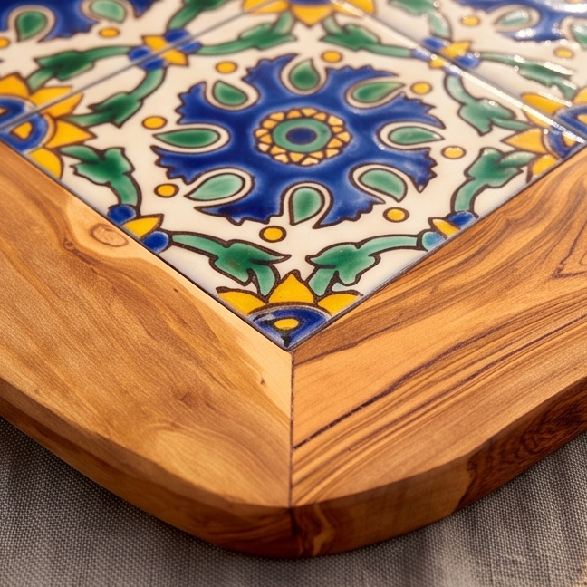 Rustic Olive Wood Ceramic Tray with Handle, serving tray, natural, handmade, gift