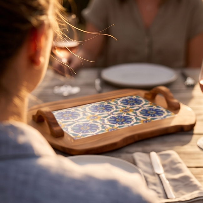 Rustic Olive Wood Ceramic Tray with Handle, serving tray, natural, handmade, gift
