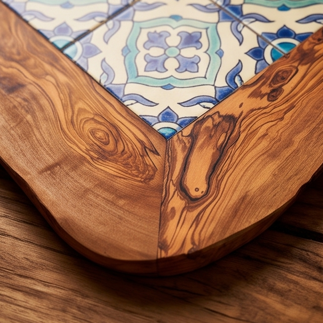 Rustic Olive Wood Ceramic Tray with Handle, serving tray, natural, handmade, gift