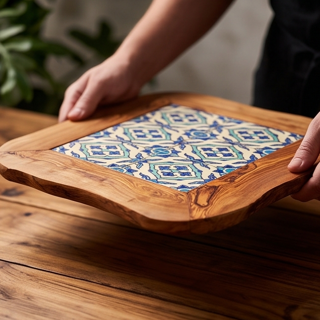 Rustic Olive Wood Ceramic Tray with Handle, serving tray, natural, handmade, gift