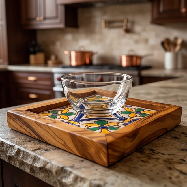 Square Olive Wood Ceramic Tray