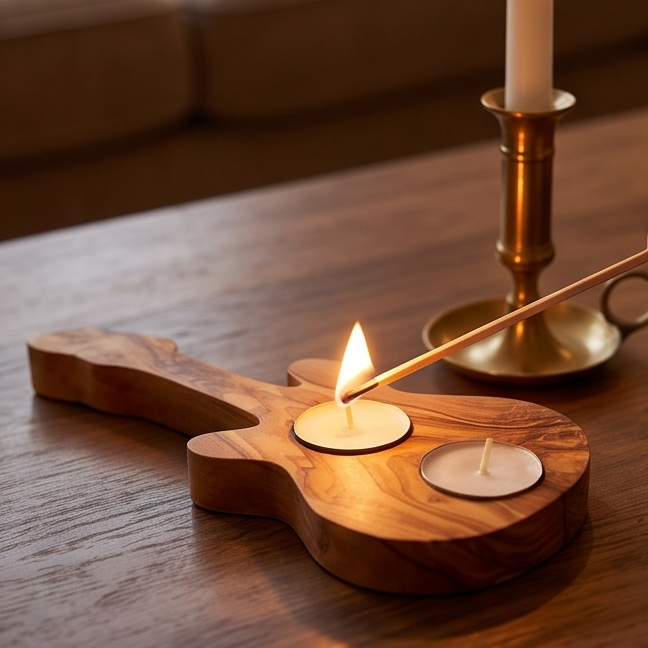 Olive Wood Guitar Shape Tealight Candle Holder 25 cm