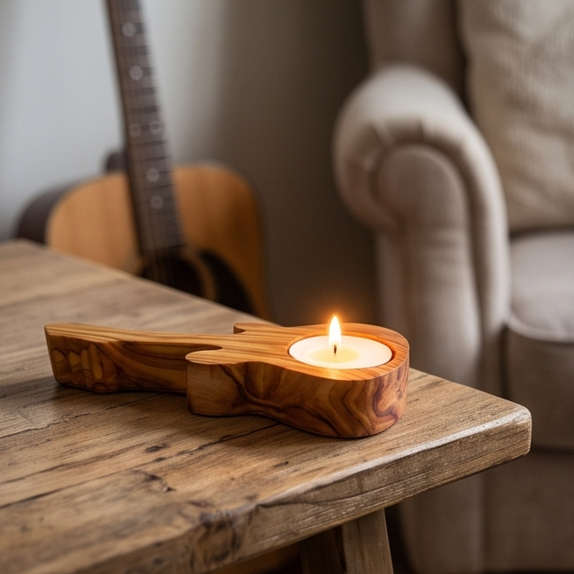 Olive Wood Guitar Shape Tealight Candle Holder 15 cm