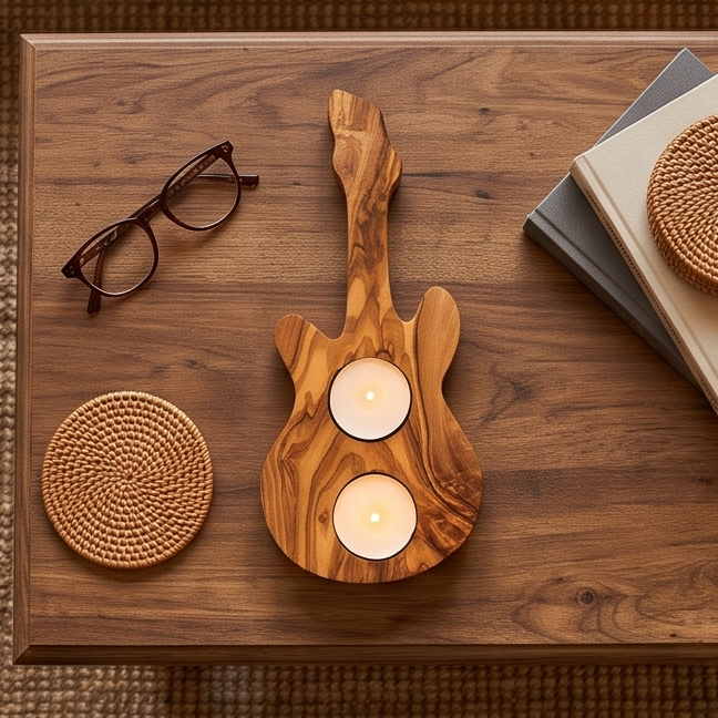 Olive Wood Guitar Shape Tealight Candle Holder 25 cm