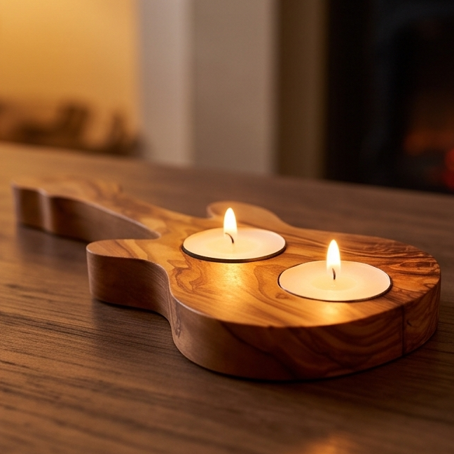 Olive Wood Guitar Shape Tealight Candle Holder 25 cm