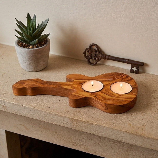 Olive Wood Guitar Shape Tealight Candle Holder 25 cm