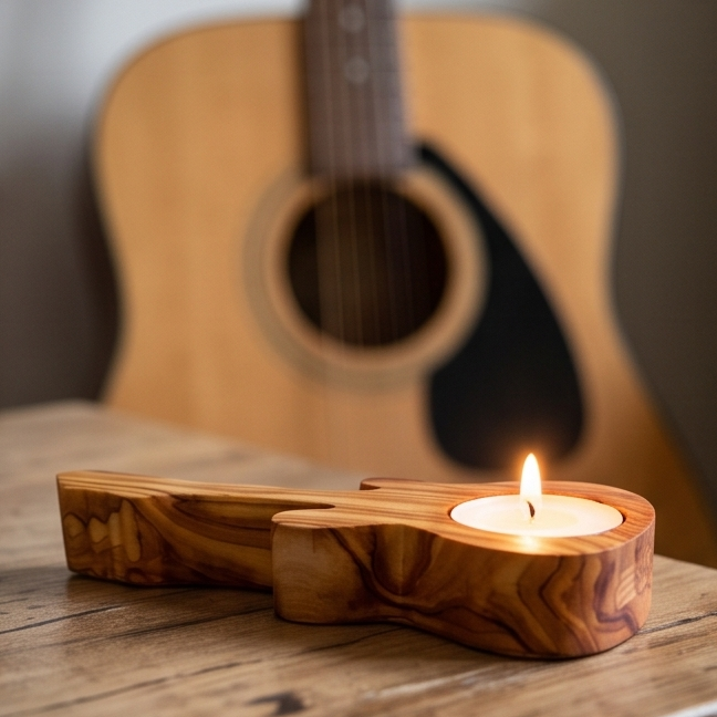 Olive Wood Guitar Shape Tealight Candle Holder 15 cm