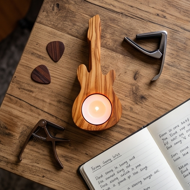 Olive Wood Guitar Shape Tealight Candle Holder 15 cm