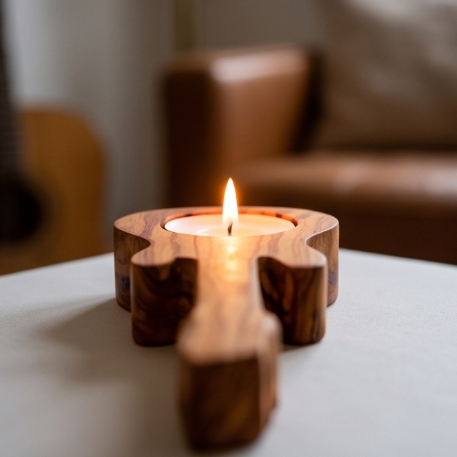 Olive Wood Guitar Shape Tealight Candle Holder 15 cm