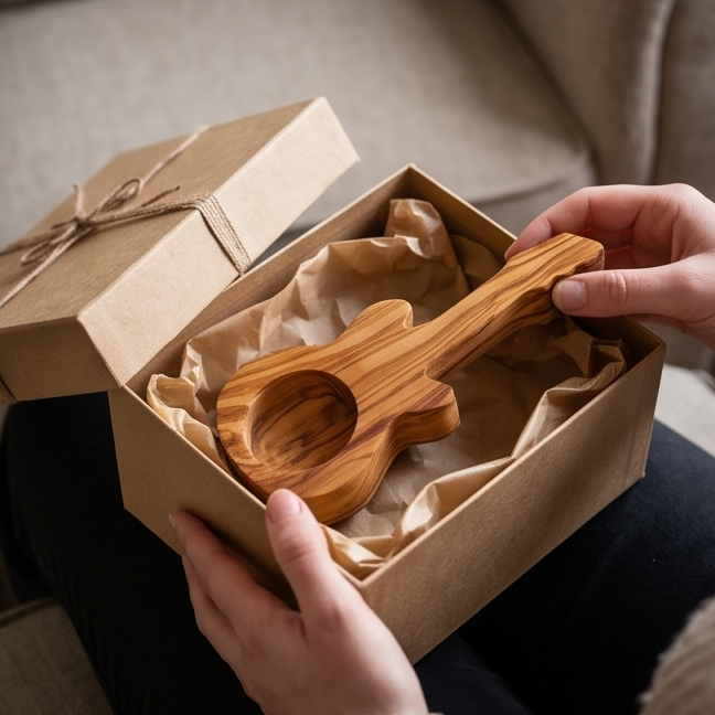 Olive Wood Guitar Shape Tealight Candle Holder 15 cm