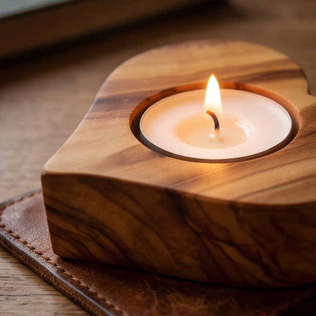 Olive Wood Heart Shaped Wooden Tealight Candle Holder 8 cm Valentines Airbnb Hotel Host Welcome Decor