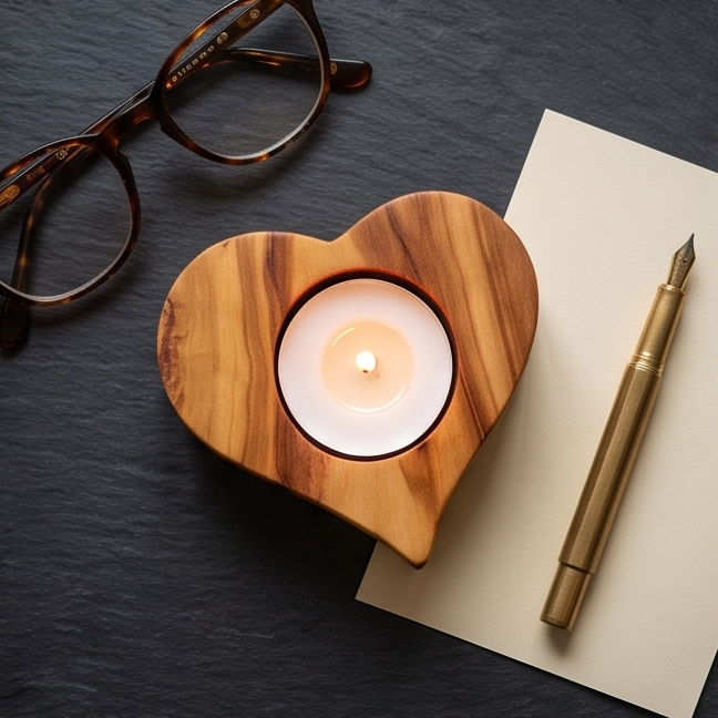 Olive Wood Heart Shaped Wooden Tealight Candle Holder 8 cm Valentines Airbnb Hotel Host Welcome Decor