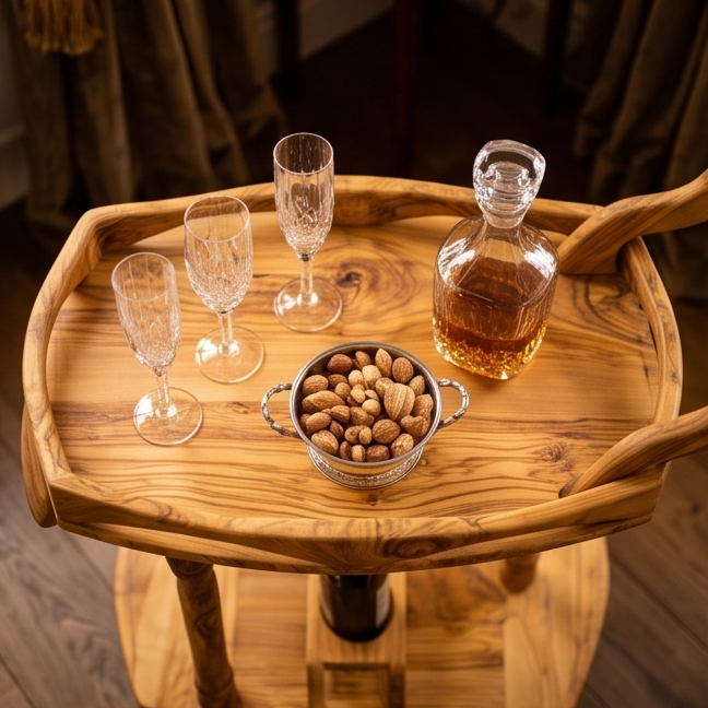 Olive Wood Display Cart, Wooden wine cart, Beautiful bar cart, artisanal cart, handmade, home decor, gift