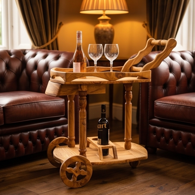 Olive Wood Display Cart, Wooden wine cart, Beautiful bar cart, artisanal cart, handmade, home decor, gift