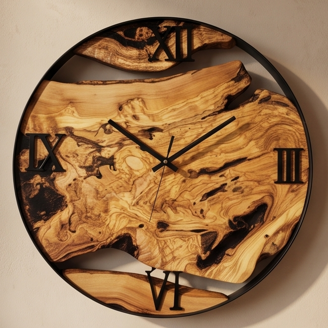 Olive Wood Wall Clock with metal Edge