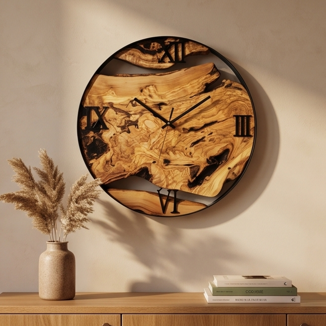 Olive Wood Wall Clock with metal Edge