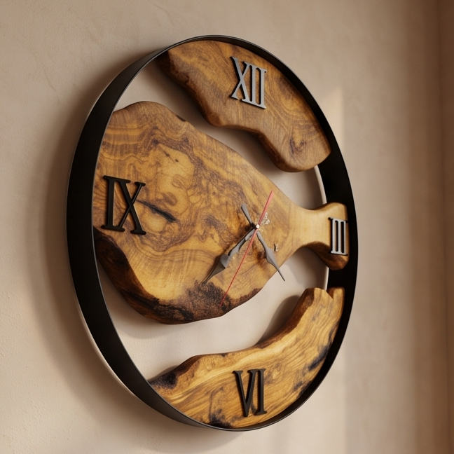 Olive Wood Wall Clock with metal Edge