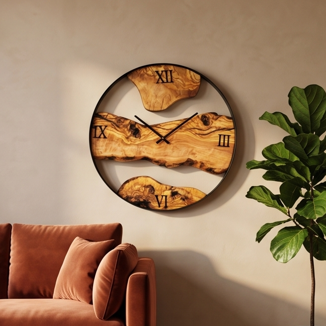Olive Wood Wall Clock with metal Edge