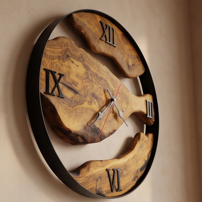 Olive Wood Wall Clock with metal Edge