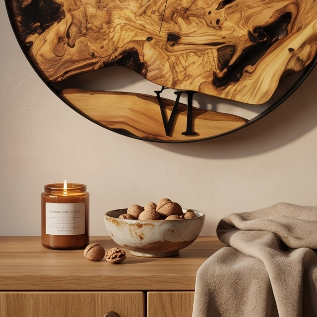Olive Wood Wall Clock with metal Edge