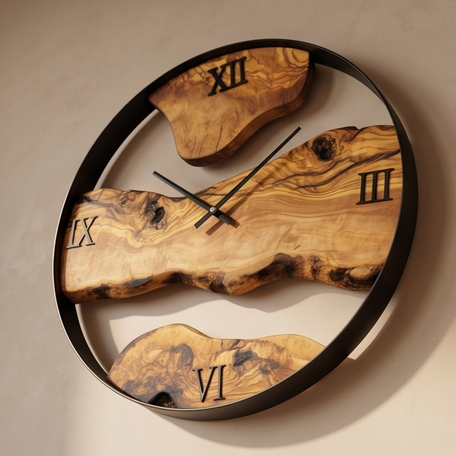 Olive Wood Wall Clock with metal Edge