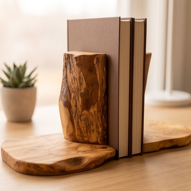 Olive Wood Rustic Wooden Bookends/Bookstand