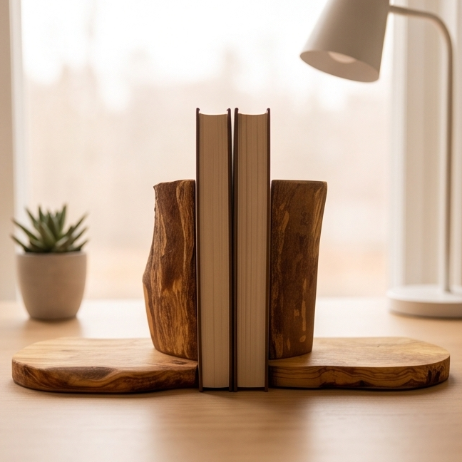 Olive Wood Rustic Wooden Bookends/Bookstand