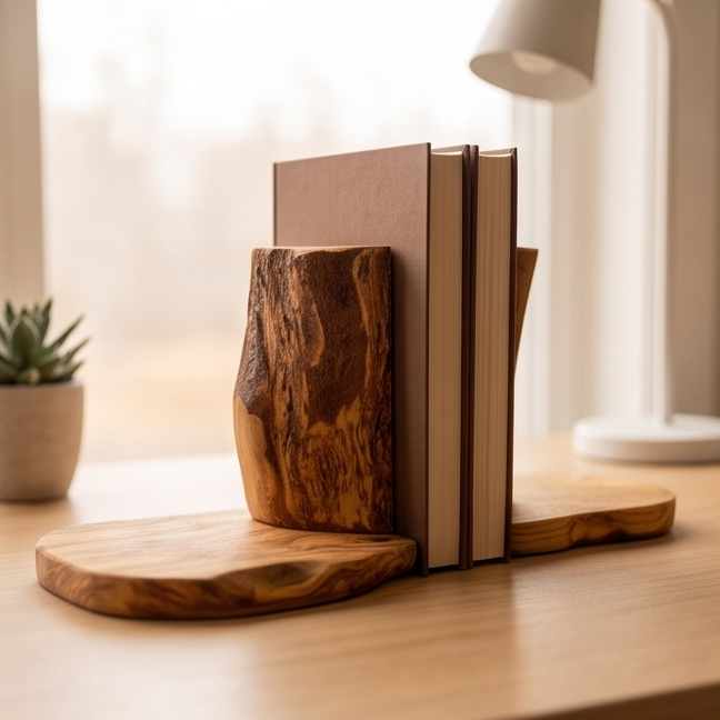 Olive Wood Rustic Wooden Bookends/Bookstand