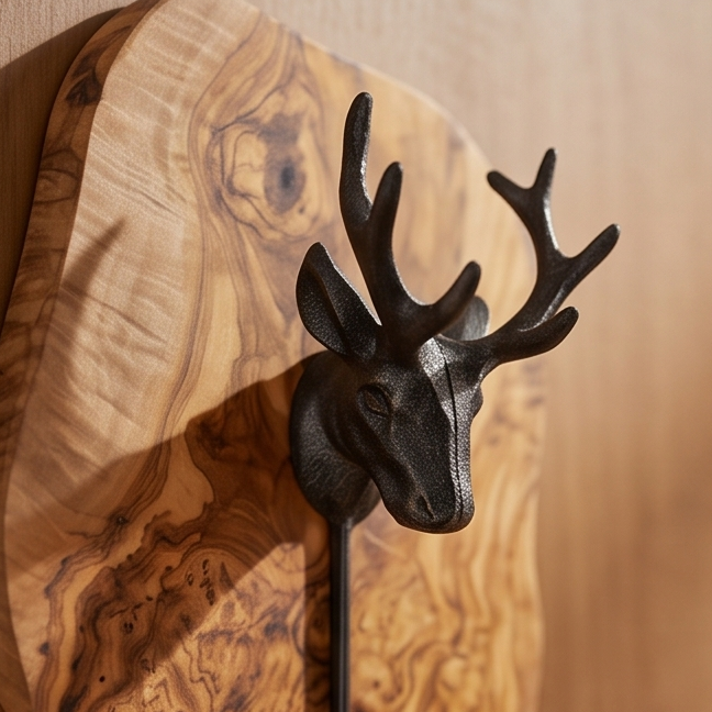 Antique Stag Head Single Wall Hook with Rustic olive wood base