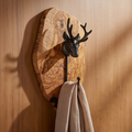 Antique Stag Head Single Wall Hook with Rustic olive wood base