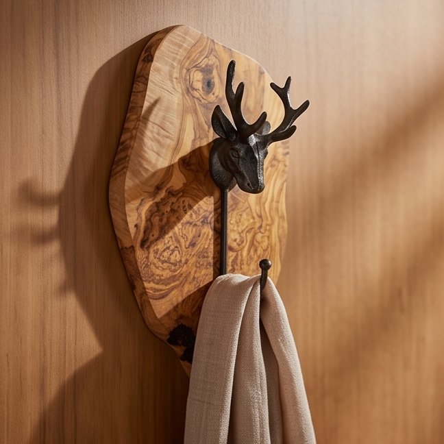 Antique Stag Head Single Wall Hook with Rustic olive wood base
