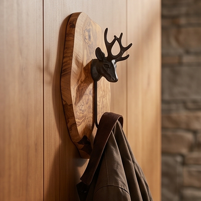 Antique Stag Head Single Wall Hook with Rustic olive wood base