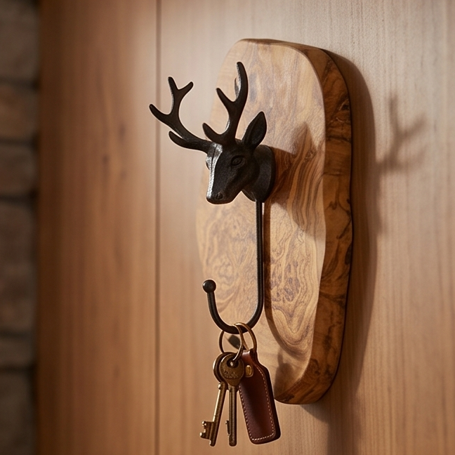 Antique Stag Head Single Wall Hook with Rustic olive wood base