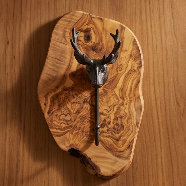 Antique Stag Head Single Wall Hook with Rustic olive wood base