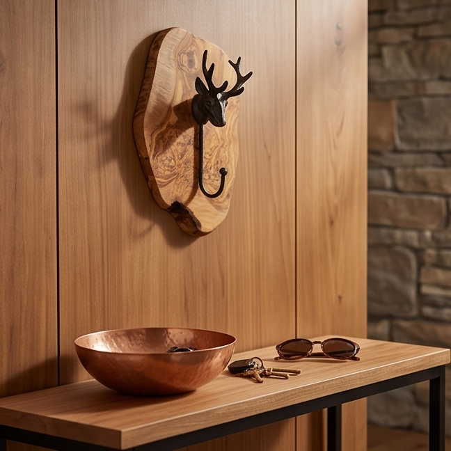 Antique Stag Head Single Wall Hook with Rustic olive wood base