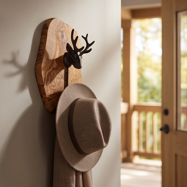 Antique Stag Head Single Wall Hook with Rustic olive wood base
