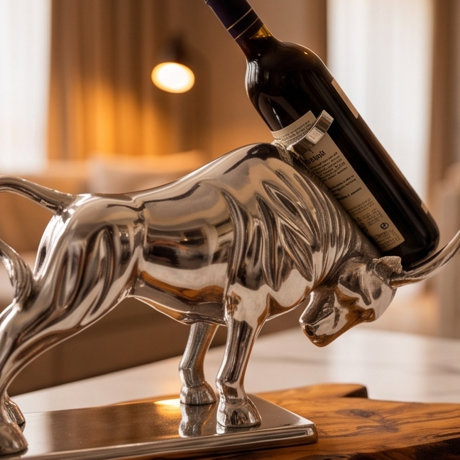 Bull Bottle Holder With Handcrafted Olive Wood Base