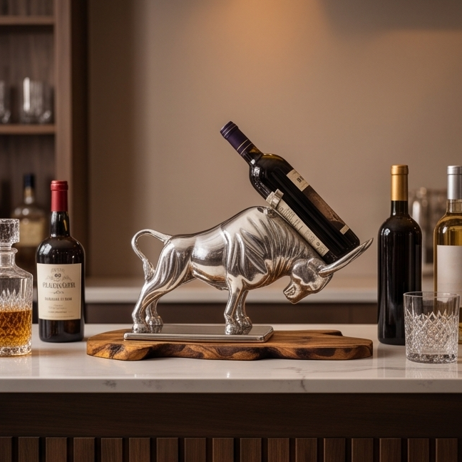 Bull Bottle Holder With Handcrafted Olive Wood Base