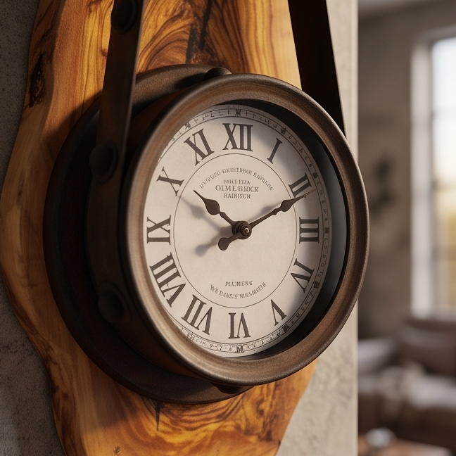 Olive Wood Rustic Round Wall Clock Roman Numeral Dial