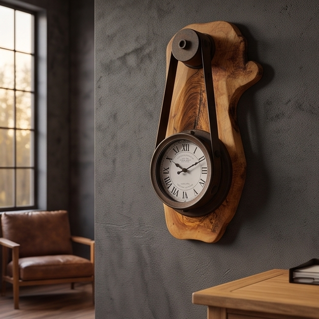 Olive Wood Rustic Round Wall Clock Roman Numeral Dial