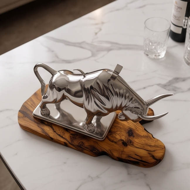 Bull Bottle Holder With Handcrafted Olive Wood Base