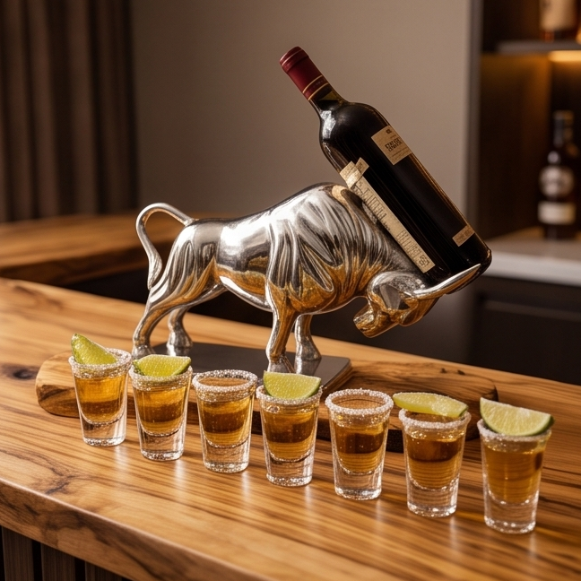 Bull Bottle Holder With Handcrafted Olive Wood Base