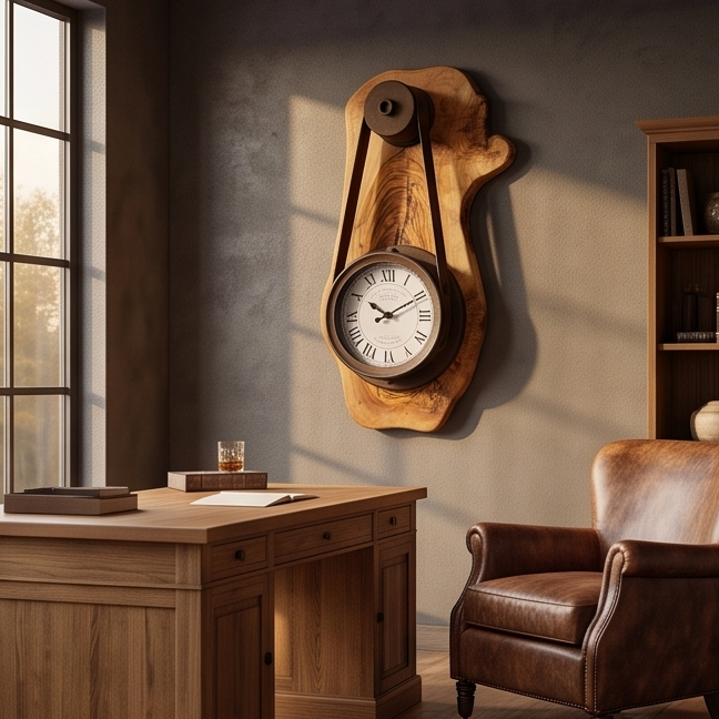 Olive Wood Rustic Round Wall Clock Roman Numeral Dial